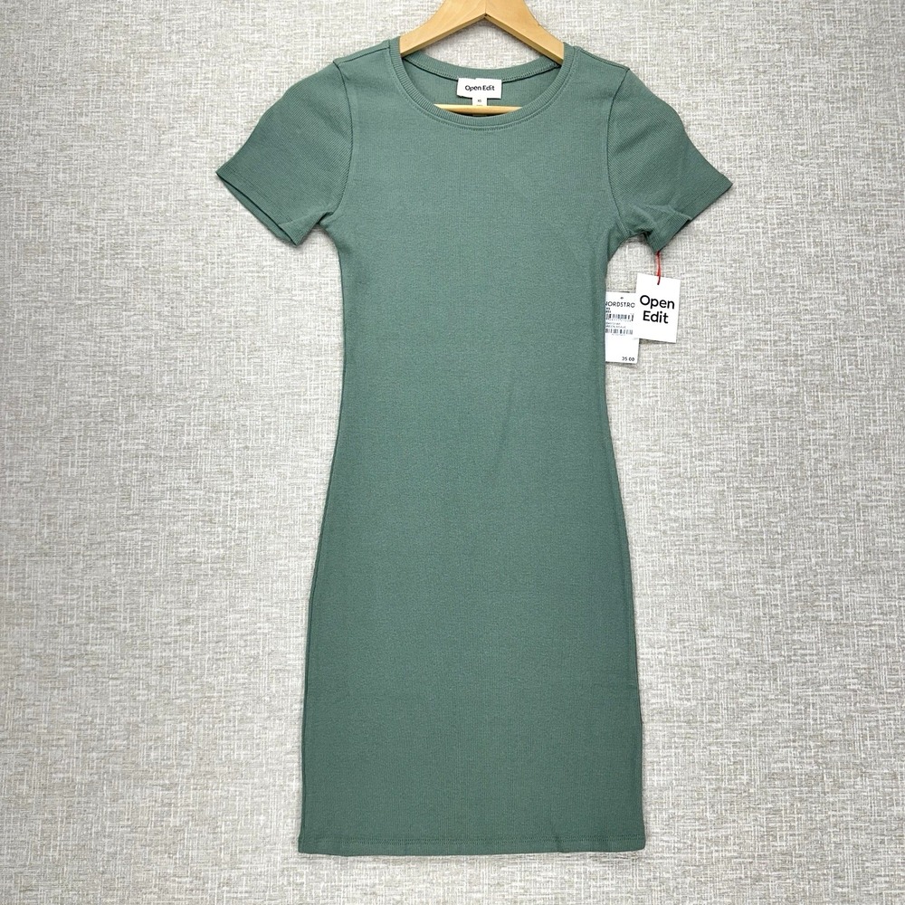 Open Edit Dress Womens Size XS Ribbed Short Sleeve Bodycon NWT‎ Mini Casual